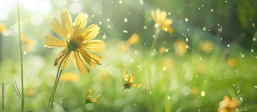 Aufkleber fading yellow wildflower shedding petals surrounded by blurred green background with soft sunlight c