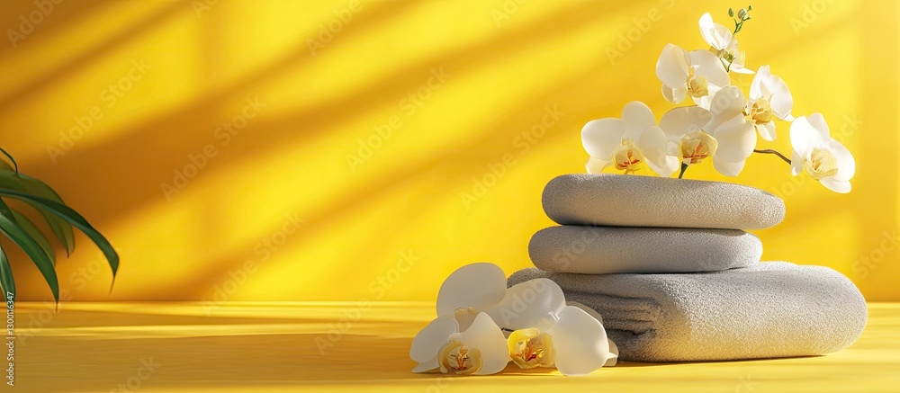 Poster spa essentials including stacked gray towels and a delicate white orchid on a vibrant yellow backdro