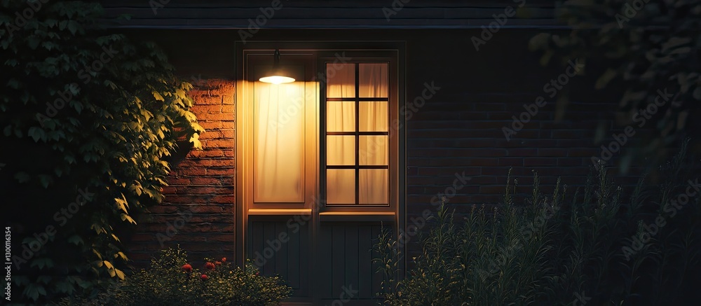 Poster illuminated window of a cozy private house surrounded by greenery at dusk with warm yellow light con