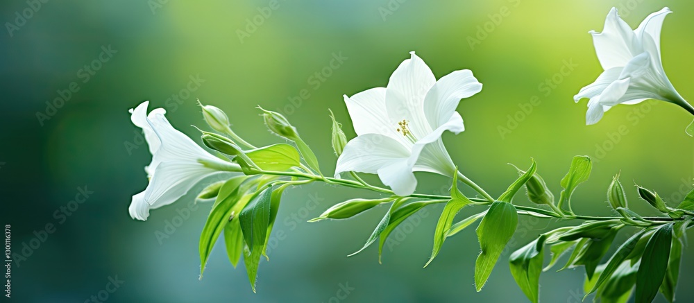 Poster delicate white bellflower blooms gracefully positioned on a lush green soft-focus background, creati