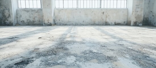 Abandoned industrial space with cracked concrete flooring and natural light streaming through large windows creating soft shadows and grunge texture.
