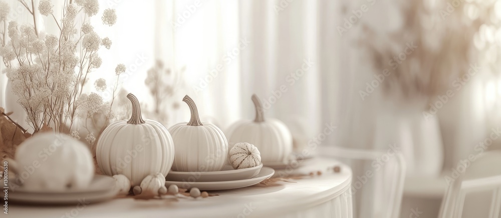 Aufkleber elegant autumn tablescape with white pumpkins arranged on a cozy table set against a soft beige back