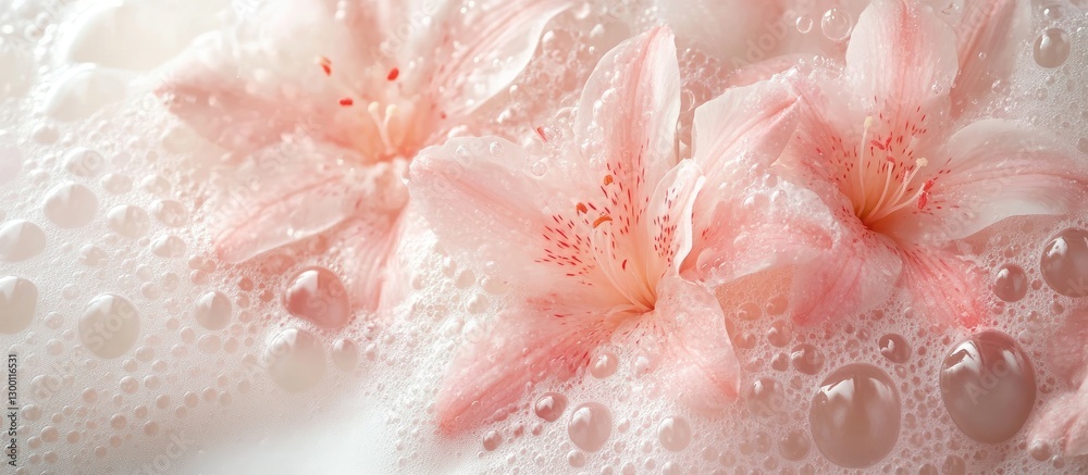 Aufkleber delicate pink flowers with intricate petals float atop creamy milk with soft pink bubbles, creating 