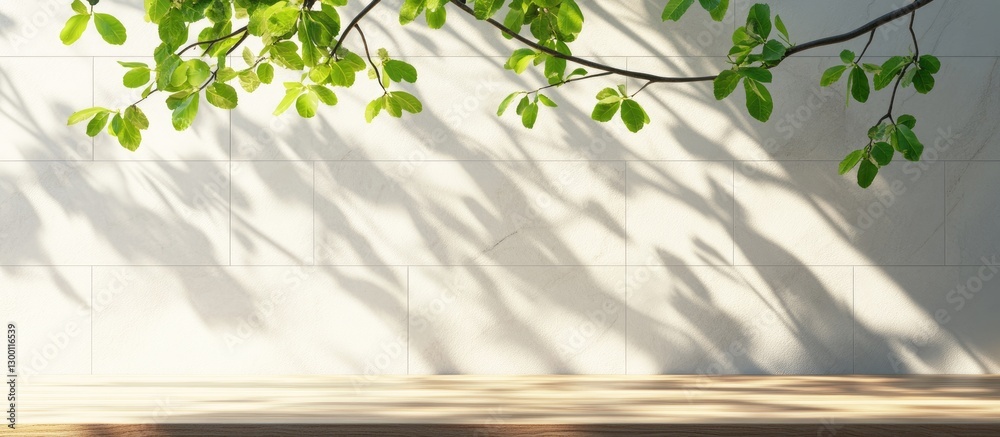Poster Spring sunlight filtering through lush green tree leaves casting intricate shadows on a bright white marble wall with a wooden tabletop and ample space.