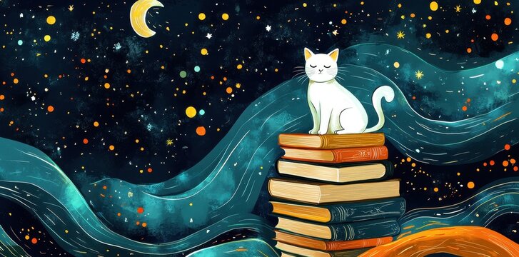 A white cat sitting peacefully atop a stack of books