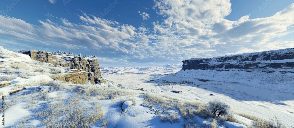 Aufkleber majestic snow-covered mountain cliffs with a clear blue sky and scattered clouds, creating an expans