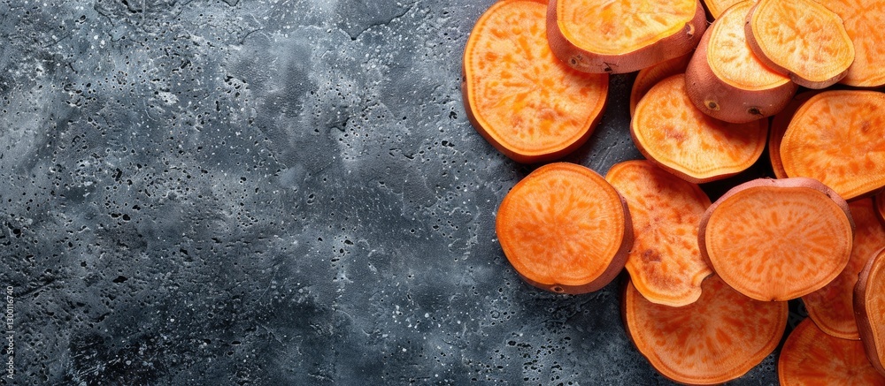 Poster Sweet potato slices in vibrant orange scattered on a dark textured surface with ample copy space on the left for your text or design needs