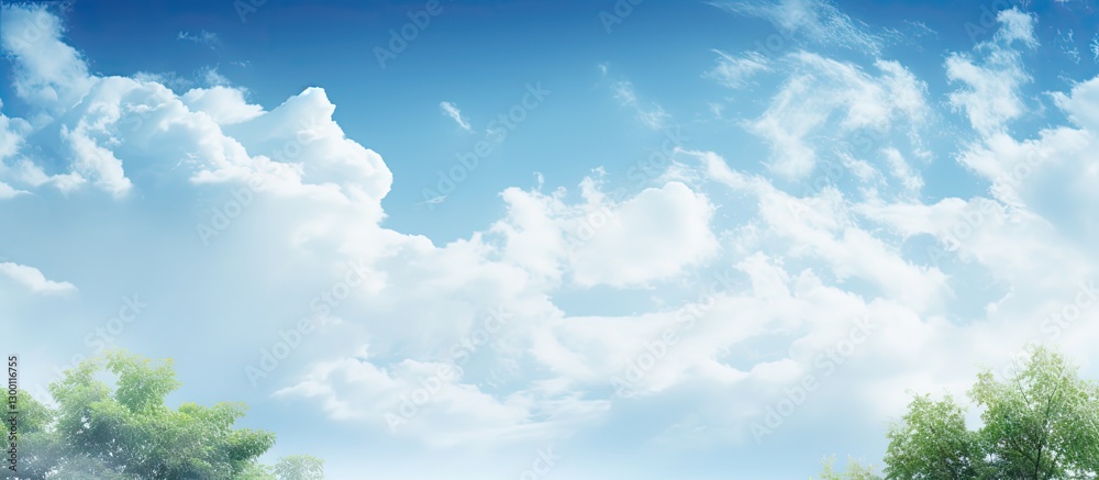 Aufkleber Serene sky with soft white clouds and vibrant green tree branches at the bottom creating ample copy space for design purposes.