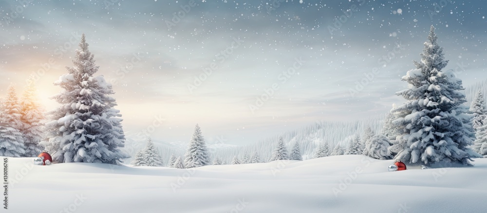 Poster Serene snow-covered landscape at dawn with evergreen trees and gentle snowfall creating a tranquil scene perfect for seasonal greetings and copy space
