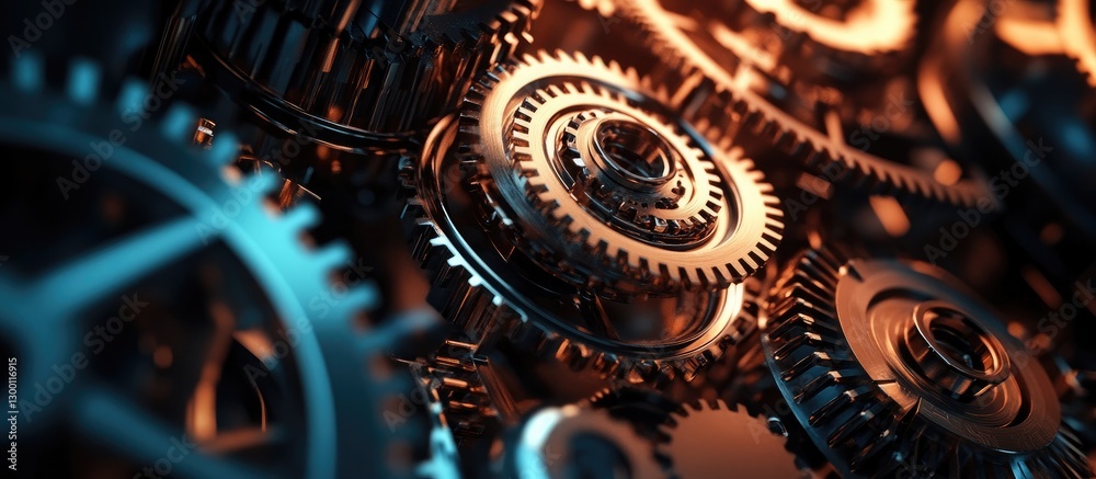 Poster Intricate close-up of interlocking brass gears with a warm orange glow highlighting their metallic surfaces against a dark background.