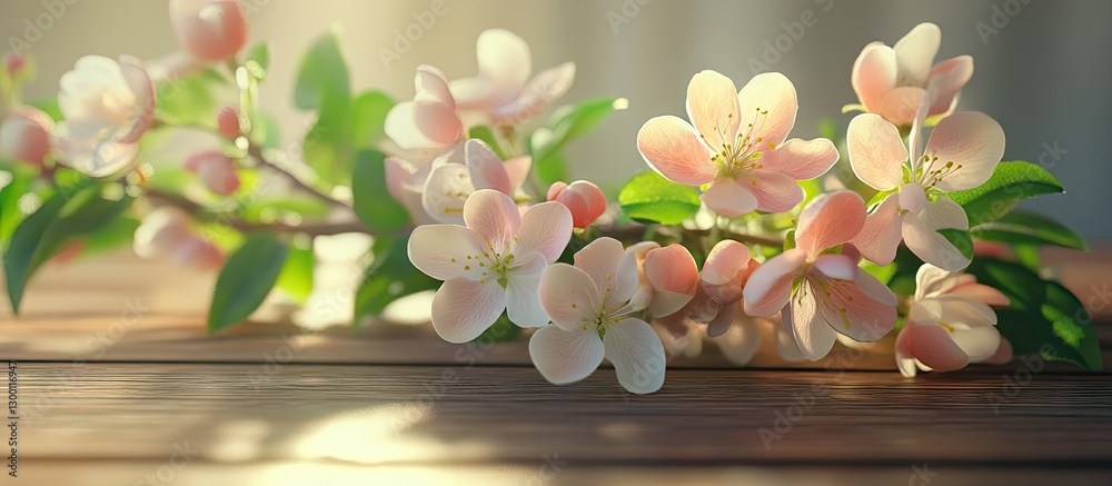 Aufkleber delicate pink apple blossoms with green leaves arranged on a rustic wooden surface illuminated by so