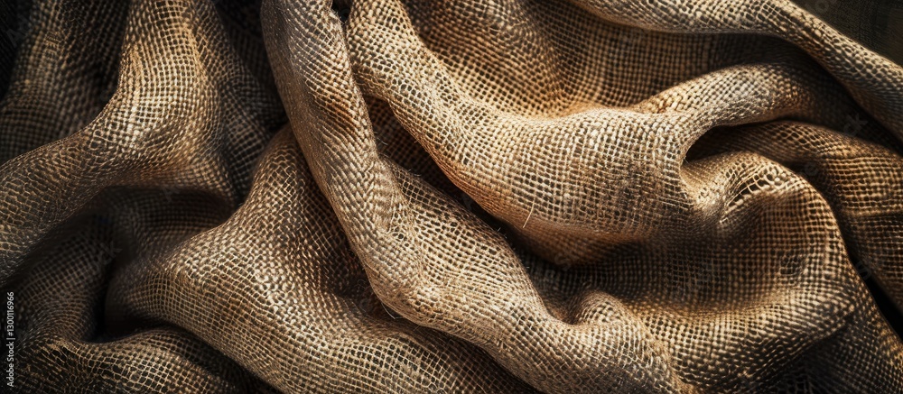 Aufkleber Textured brown burlap sack background with soft folds, featuring warm earthy tones, creating a rustic vintage feel suitable for design use.