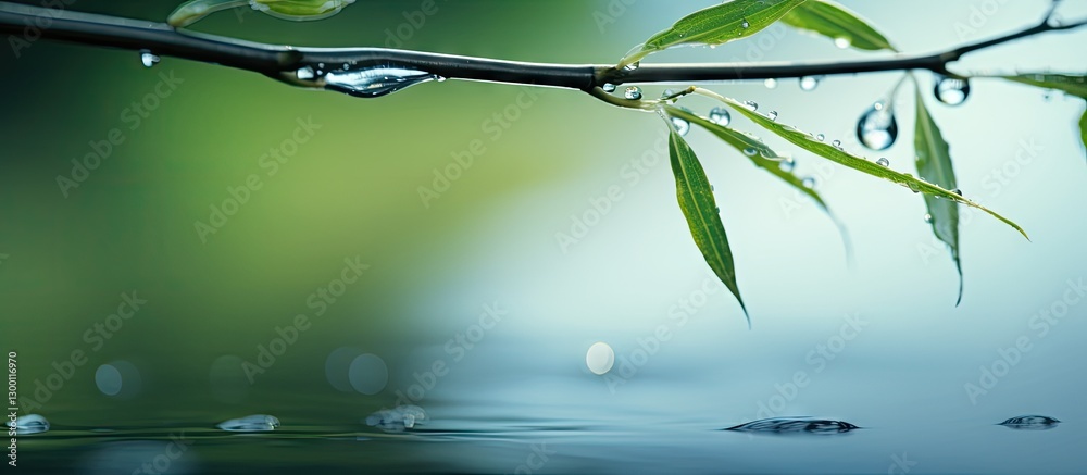 Fototapete Serene bamboo branch with water droplets against a soft blurred green background creating a peaceful atmosphere with ample copy space