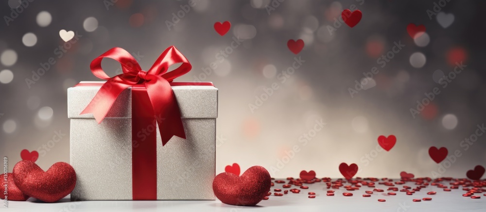 Aufkleber gift box with a red ribbon placed centrally on a gray backdrop surrounded by red hearts and floral e