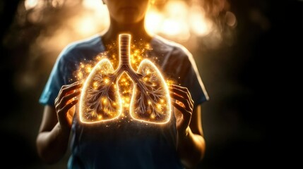 Nurse presenting illustrated lungs surrounded by radiant energy, highlighting dedication in respiratory healthcare