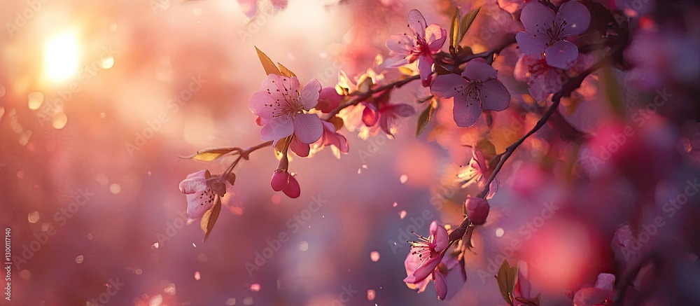 Poster delicate cherry blossom branch in warm sunrise hues of pink and orange with bokeh effect in the back