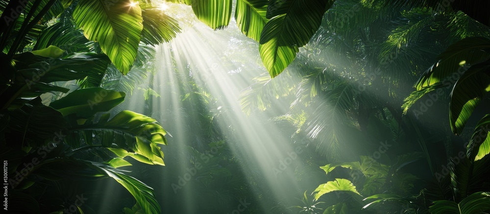 Poster Sunlight beams filter through dense green foliage illuminating vibrant leaves creating a serene and tranquil forest atmosphere with soft light and shadows