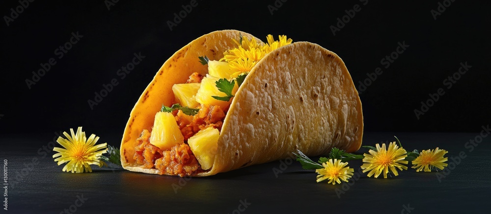 Poster taco with pineapple filling and dandelion garnish on a dark background highlighting vibrant yellow f