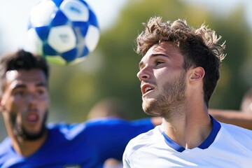 The image captures two soccer players focusing intensely during a match, showcasing their athleticism and competitive spirit on the field in a dynamic moment.