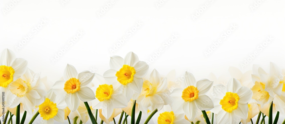 Aufkleber Vibrant daffodil flowers with bright yellow centers arranged in a row along the bottom with a large white space on the left for text placement