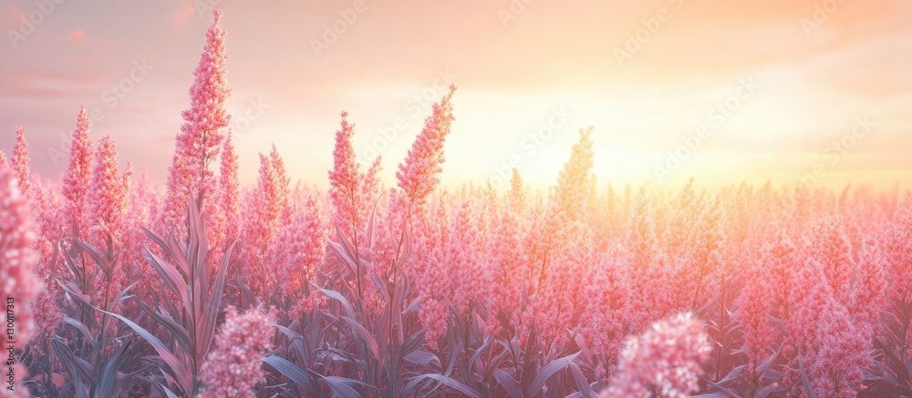 Aufkleber tranquil field of soft pink sorghum plants under gentle dawn light with a serene sky creating a peac