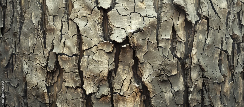 Aufkleber vertical cracked tree bark texture in muted browns and grays, showcasing intricate fissures, ideal f
