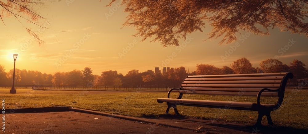 Poster Serene sunset over a park with golden hues illuminating trees and a bench, alongside a lamppost casting a warm glow in the evening light.