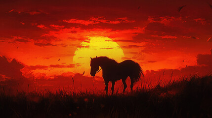 Fototapeta premium A striking silhouette of a horse against a fiery red sunset in an artistic landscape