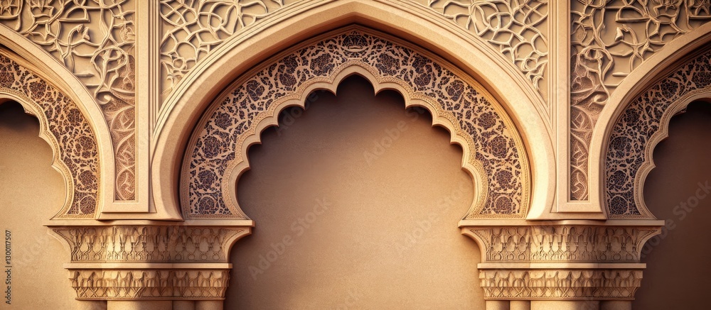 Poster decorative islamic arch design in warm beige tones with intricate carvings positioned symmetrically 