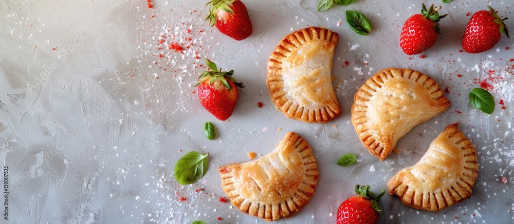 Poster mini strawberry hand pies displayed on a gray surface with fresh strawberries and mint, arranged fro