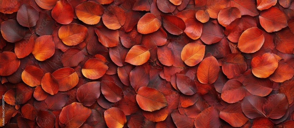 Poster autumn maple leaves in shades of red and orange scattered on a textured white background, creating a