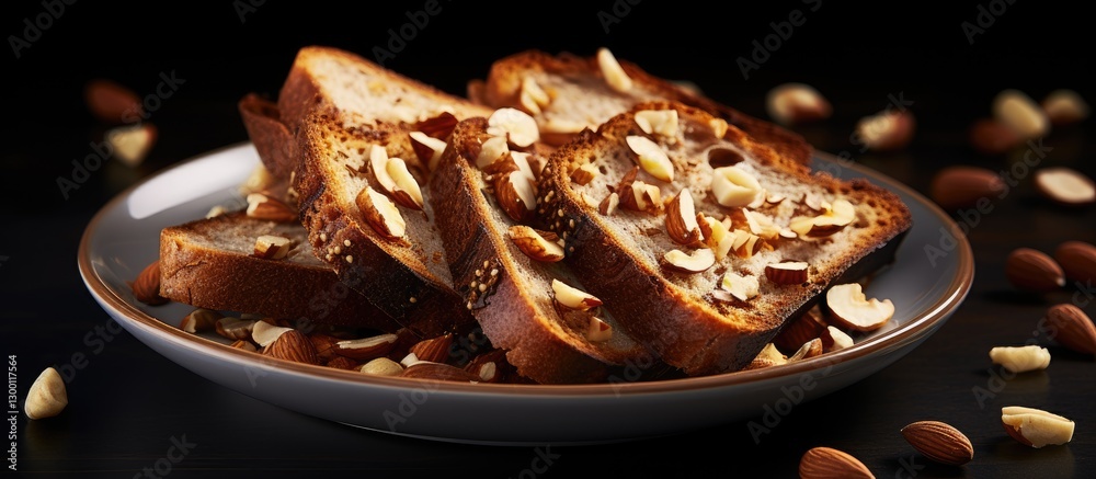 Poster sliced whole grain bread topped with chopped nuts arranged on a dark plate, with scattered almonds a