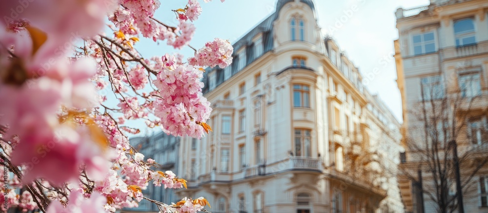 Poster cherry blossoms in soft pink hues framing a classic european building with a light blue sky in the b