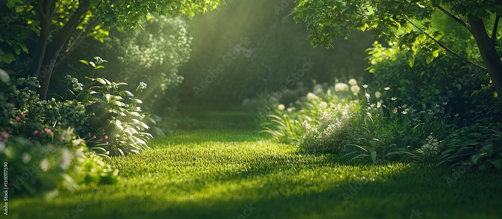 Leinwandbilder lush green backdrop with softly blurred foliage and vibrant light filtering through trees creating a