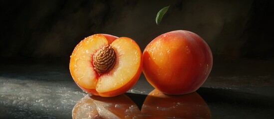 Fresh ripe peaches halved and whole showcase vibrant orange and yellow hues with a natural green leaf on a reflective dark surface.