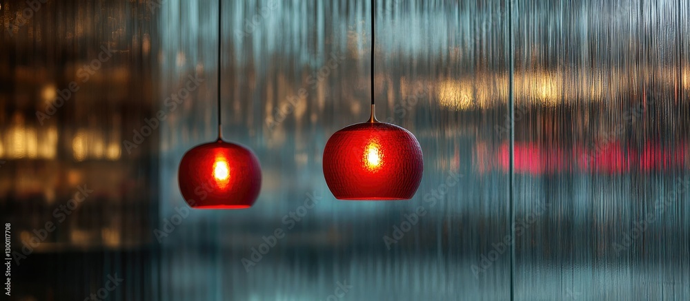 Aufkleber Red pendant lights against a blurred, softly illuminated background with a cascading water effect, creating a warm and inviting ambiance.