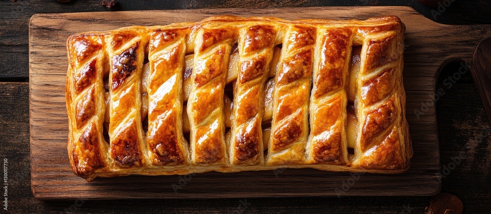 Poster flaky golden brown puff pastry filled with sweet caramelized apples arranged in diagonal lines on a 
