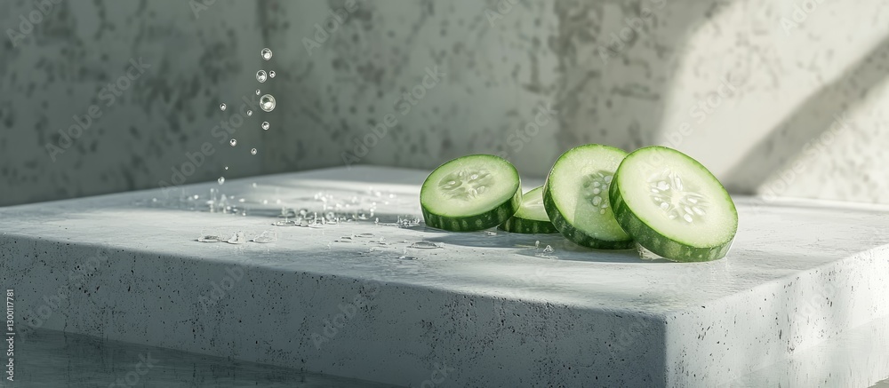Poster Freshly sliced cucumbers on a light gray stone surface with glistening bubbles and soft natural light creating a refreshing and vibrant atmosphere.