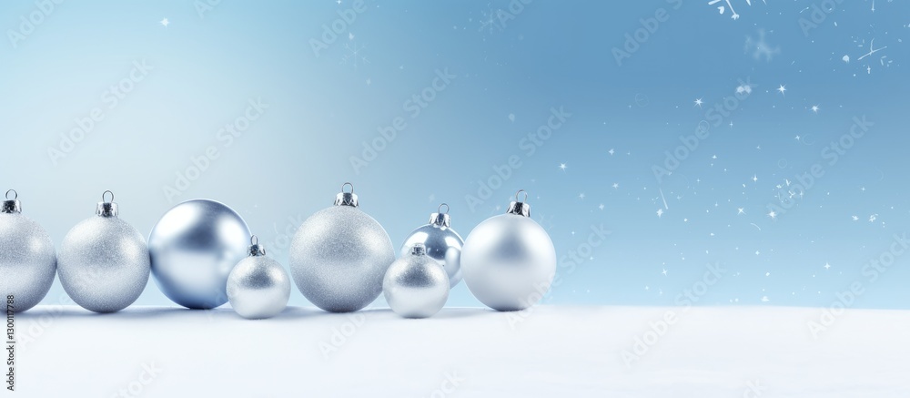 Aufkleber Blue and silver Christmas ornaments covered in snow arranged on a snowy surface with soft bokeh effect and empty space for text on top.