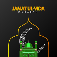Jamat ul Vida Mubarak Greeting with Green Mosque Crescent Moon and Islamic Pattern on Black Background  Elegant Ramadan Farewell Celebration Card Design