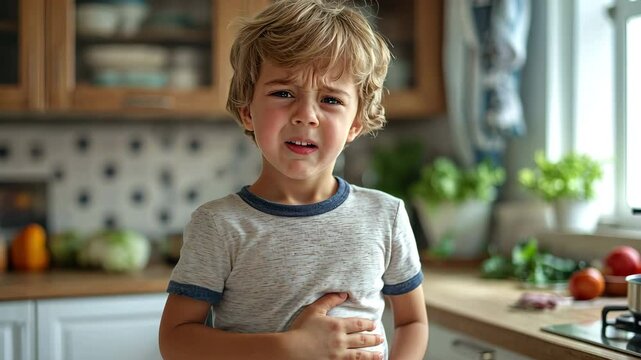 Little child was standing with his stomach in discomfort. The idea of healthcare