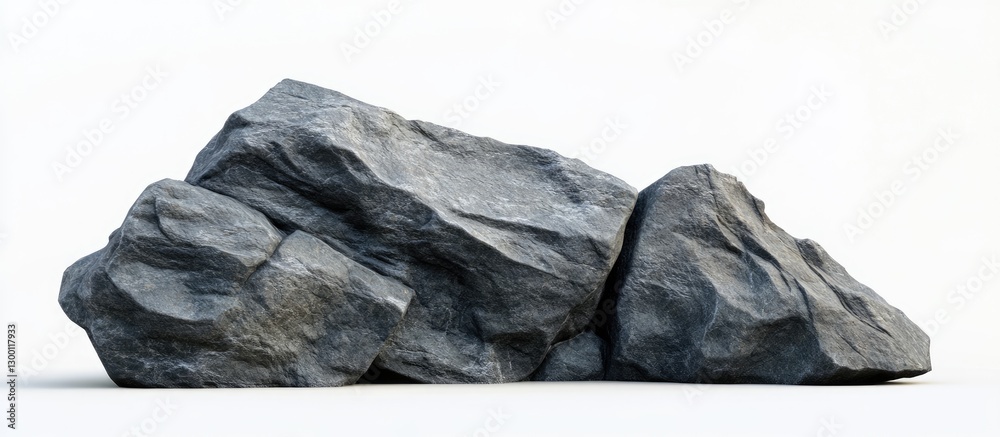 Poster Three jagged gray rocks clustered together on a white background showcasing rough textures and deep shadows enhancing their rugged appearance.