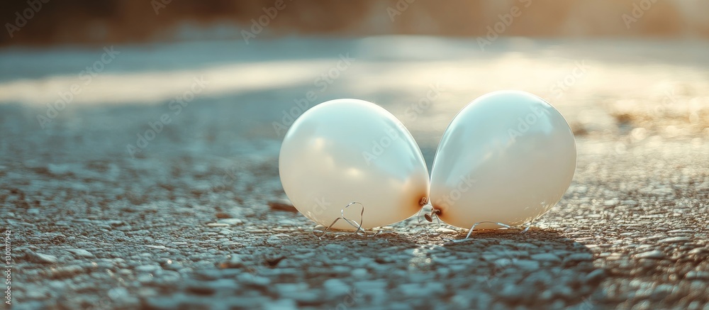Poster delicate white glossy balloons resting on a sunlit textured surface, capturing a serene and soft atm
