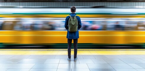 Young caucasian male watching train pass in subway station