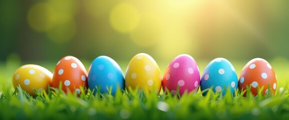 Fototapeta premium Row of Colorful Polka Dot Easter Eggs on Green Grass with Sunlight