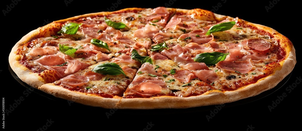 Poster Delicious pizza with prosciutto slices and fresh basil on a black background showcasing vibrant colors and textures from a top view perspective.