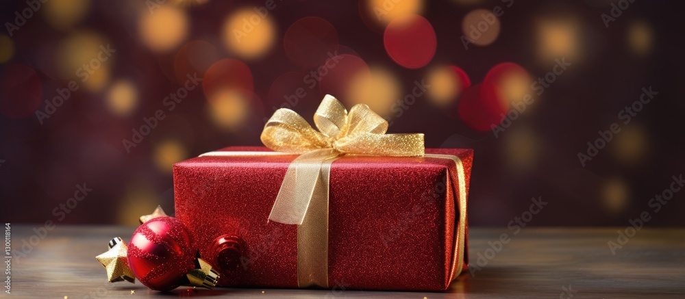 Poster festive red christmas gift box adorned with golden ribbon placed on wooden surface with shimmering y