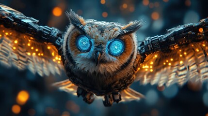 A futuristic robotic owl soaring through a mystical forest with glowing eyes and digital elements