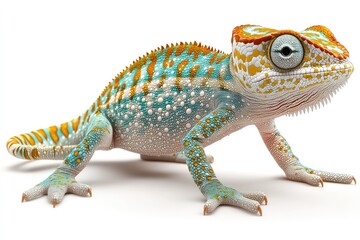 Obraz premium Colorful lizard with vibrant patterns crawling on a smooth surface in a bright, natural setting