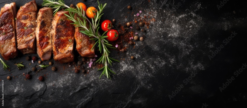 Poster flavorful marinated pork ribs on a textured black stone background with fresh herbs and cherry tomat